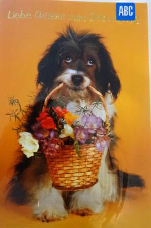Karte Liebe Grüsse zum Geburtstag Hund mit Blumenk
